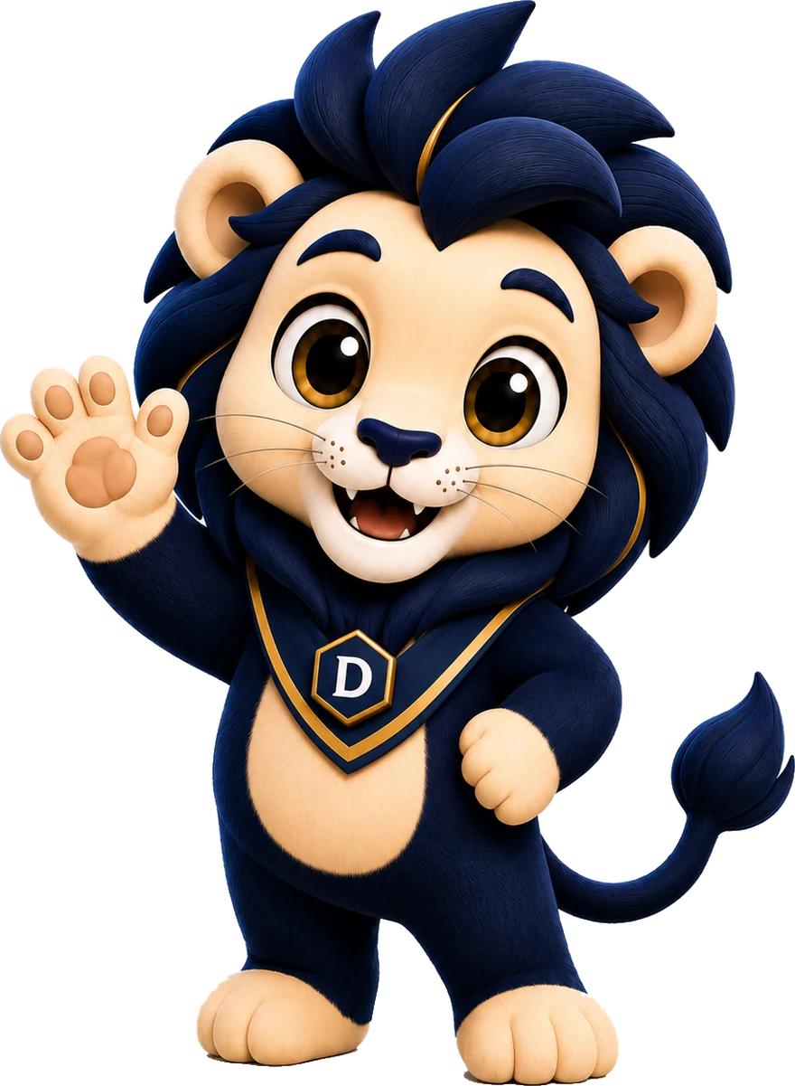 Danny, the Doinel Education lion mascot, waving and wearing a navy collar with a gold Doinel hexagon